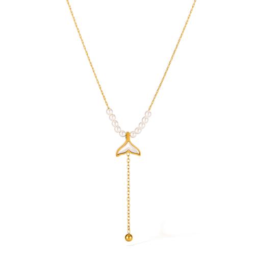 Stainless Steel Jewelry Necklace 304 Stainless Steel with Pearl Oyster & Glass Beads plated fashion jewelry & for woman golden Sold By PC