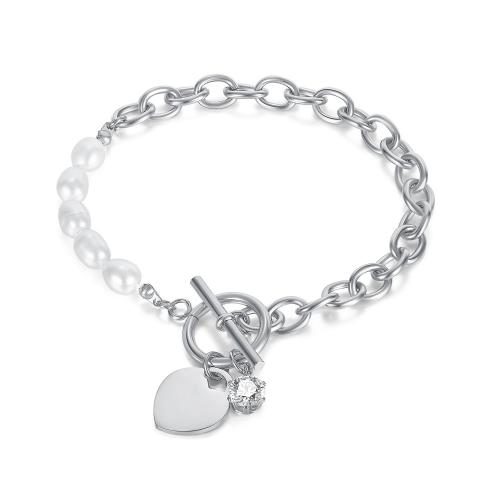 Stainless Steel Jewelry Bracelet 304 Stainless Steel with Cubic Zirconia & Freshwater Pearl plated fashion jewelry & for woman Sold By PC