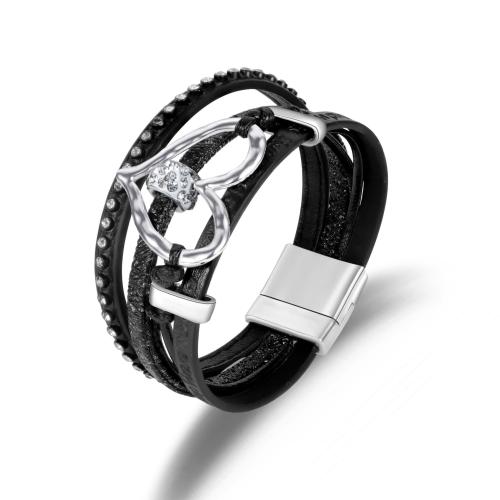 PU Leather Cord Bracelets Zinc Alloy with PU Leather three layers & for woman & with rhinestone & hollow Length Approx 19.4 cm Sold By PC
