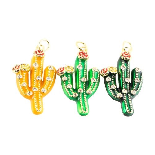 laiton Pendentif, Opuntia Stricta, Placage de couleur d'or, DIY & pavé de micro zircon & émail, plus de couleurs à choisir, 27x16x4mm, Vendu par PC