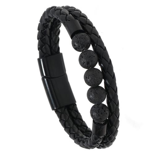 PU Leather Bracelet with Natural Stone & Zinc Alloy handmade Double Layer & for man black Sold By PC