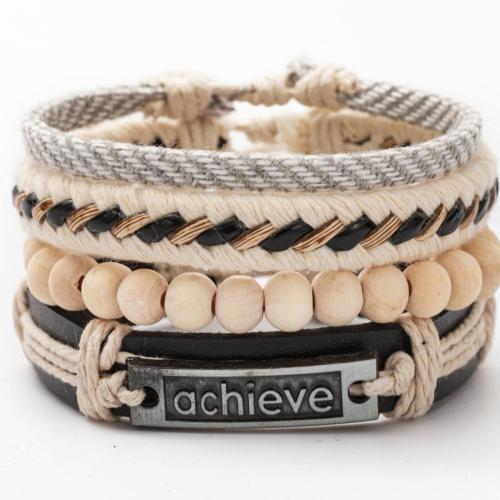 Sinc Alloy Bracelet Socraigh, le Cowhide & Céir & Adhmad, lámhdhéanta, 4 phíosa & jewelry faisin & do fear, Fad Thart 28 cm, Díolta De réir PC