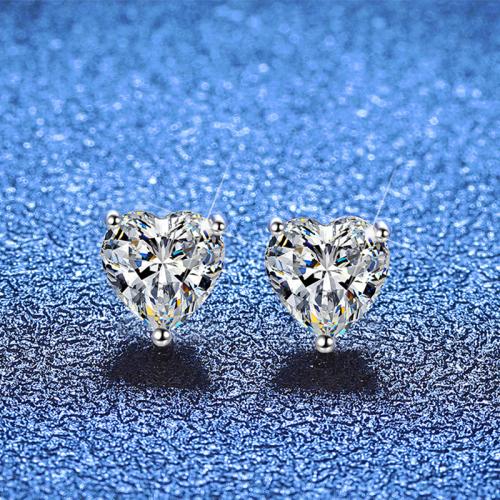 925 Sterling Silver Stud Earring Heart platinum plated & for woman Sold By Pair
