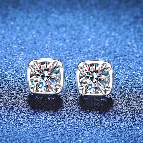 925 Sterling Silver Stud Earring Square platinum plated & for woman Sold By Pair