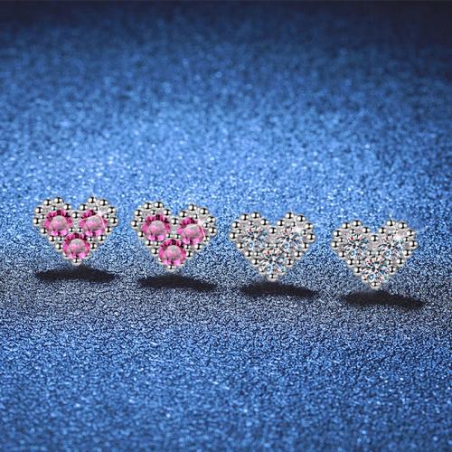 Argent sterling 925 boucle d oreille dormeuse, avec Moissanite, coeur, Plaqué de platine, bijoux de mode & pour femme, plus de couleurs à choisir, Vendu par paire