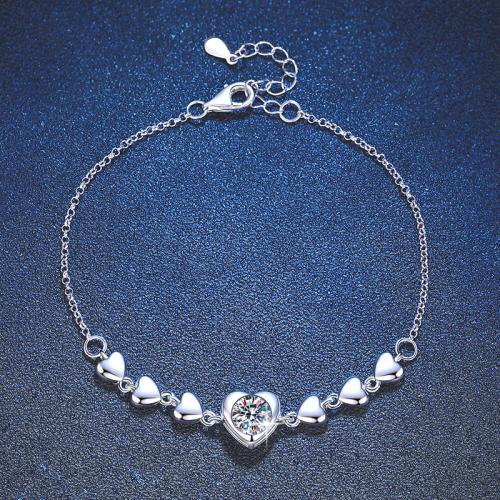 925 Sterling Silver Bracelet with Moissanite with 1.2inch extender chain Heart platinum plated fashion jewelry & for woman Length Approx 6.3 Inch Sold By PC