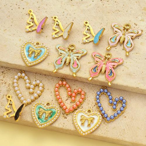 Stainless Steel Pendants 304 Stainless Steel with Plastic Pearl gold color plated DIY & enamel & with rhinestone Sold By Bag