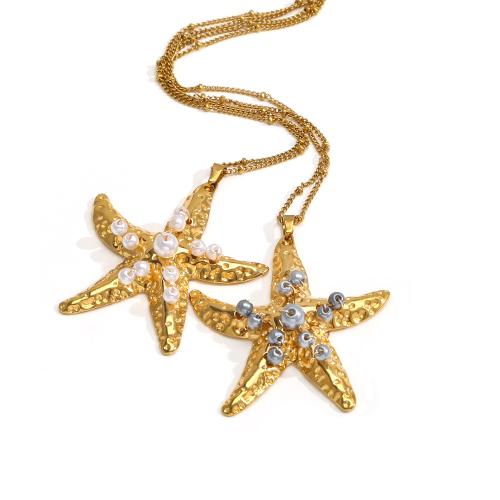 Stainless Steel smycken halsband, 304 rostfritt stål, med Plast Pearl, Star, guldfärg pläterade, mode smycken, gyllene, Säljs av PC