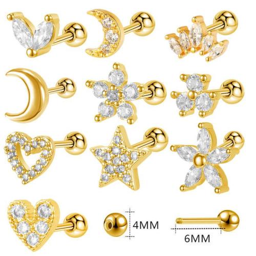 ottone orecchino piercing, with 304 acciaio inox, placcato, stili diversi per la scelta & Micro spianare cubic zirconia & per la donna, 6mm, Venduto da PC