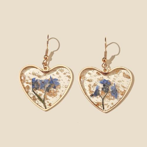 Pryskyřice Drop náušnice, s Sušený květ & Zinek, Srdce, barva pozlacený, módní šperky & pro ženy, earring length 30-50mm, Prodáno By Pair