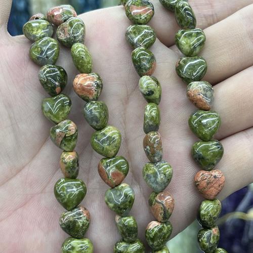 Unakite Beads, Heart, du kan DIY, grøn, 10mm, Solgt Per Ca. 38 cm Strand