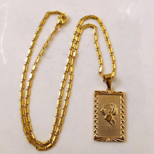304 Stainless Steel Necklace Rectangle gold color plated with flower pattern & for woman Length Approx 16-20 Inch Sold By PC
