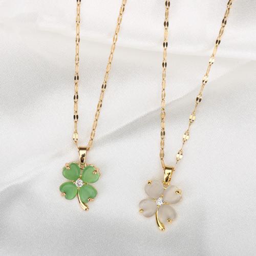 Titan Stål Halsband, med Jade, Four Leaf Clover, guldfärg pläterade, olika material för val & för kvinna, Längd Ca 16-20 inch, Säljs av PC