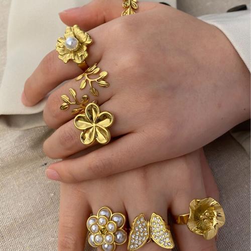 Stainless Steel Finger Ring 304 Stainless Steel with Plastic Pearl gold color plated fashion jewelry & with rhinestone Sold By PC
