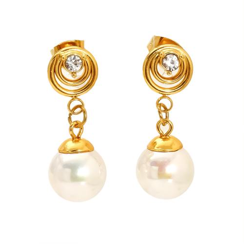 Stainless Steel Drop naušnica, 304 nehrđajućeg čelika, s Plastična Pearl, 18K pozlaćeno, za žene & s Rhinestone & šupalj, Prodano By par