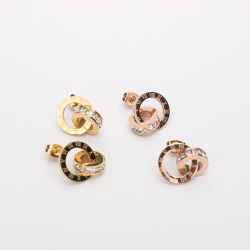 Titanium Staal Drop Earring, Donut, plated, met Romeinse cijfer & voor vrouw & met strass, meer kleuren voor de keuze, 20mm, Verkocht door pair