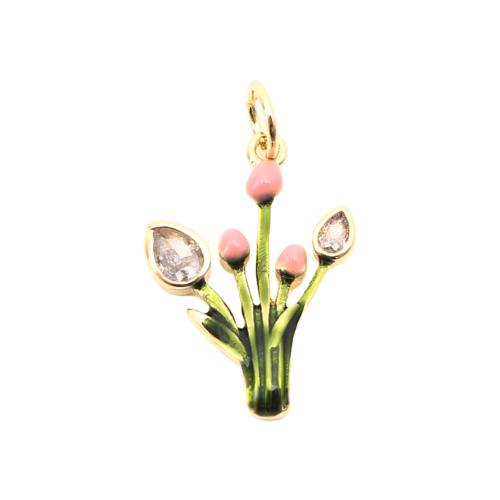 Cubique Pendentif en laiton zircon pavent, Bouquet, DIY & pavé de micro zircon & émail, doré, 18x13x2mm, Vendu par PC