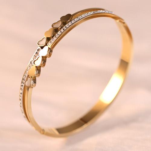 Partículas de aço pulseira comum, with concha branca, Coração, cromado de cor dourada, para mulher & com strass, Diametro interno:Aprox 60mm, vendido por PC