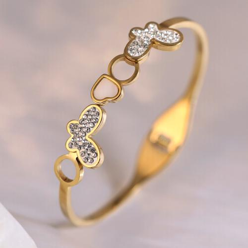 Partículas de aço pulseira comum, with concha branca, Borboleta, cromado de cor dourada, para mulher & com strass, Diametro interno:Aprox 60x50mm, vendido por PC