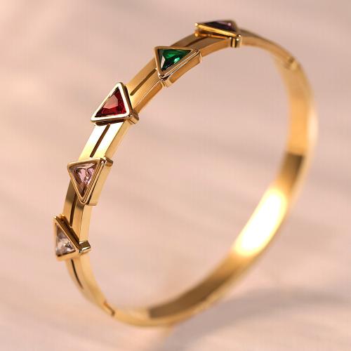Titanium Steel Bangle Triangle gold color plated micro pave cubic zirconia & for woman Inner Approx 60mm Sold By PC
