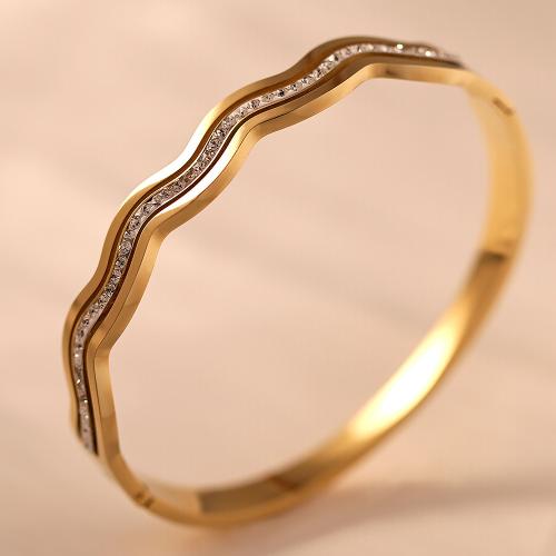 Partículas de acero Brazalete, chapado en color dorado, micro arcilla de zirconia cúbica & para mujer, diámetro interior:aproximado 60mm, Vendido por UD