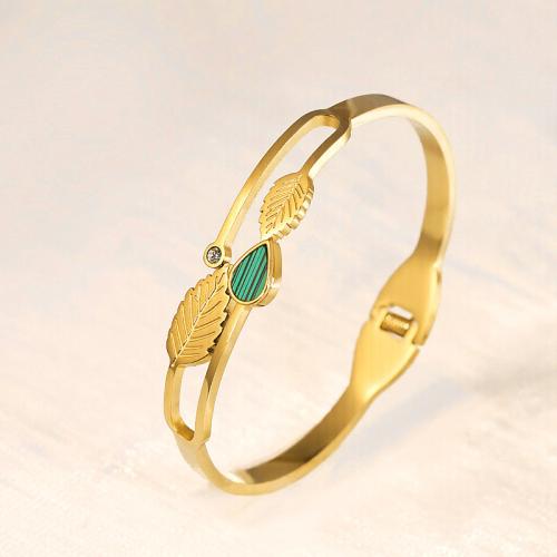 Partículas de aço pulseira comum, with concha, cromado de cor dourada, para mulher & com strass, Diametro interno:Aprox 60mm, vendido por PC