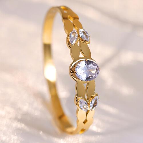 Partículas de acero Brazalete, chapado en color dorado, para mujer & con diamantes de imitación, diámetro interior:aproximado 60mm, Vendido por UD