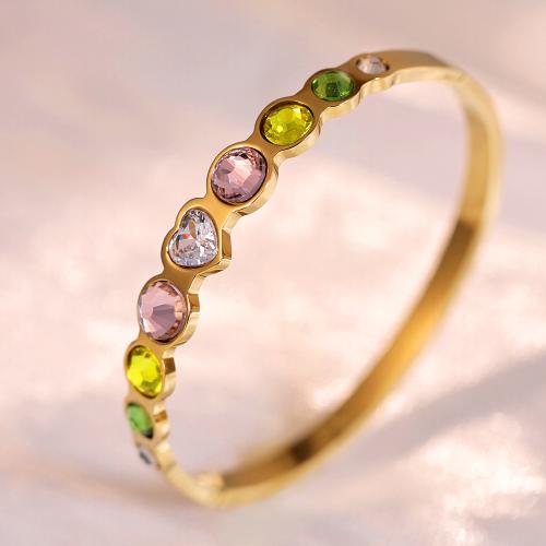 Partículas de acero Brazalete, chapado en color dorado, para mujer & con diamantes de imitación, diámetro interior:aproximado 60mm, Vendido por UD