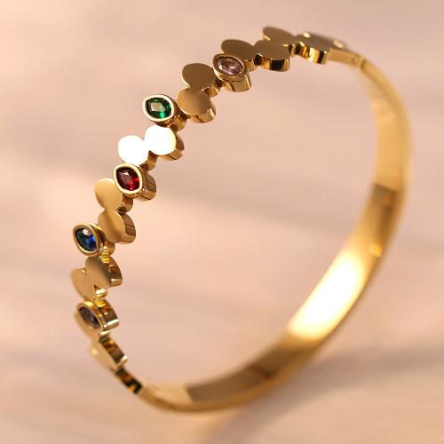 Partículas de acero Brazalete, chapado en color dorado, micro arcilla de zirconia cúbica & para mujer, diámetro interior:aproximado 60mm, Vendido por UD