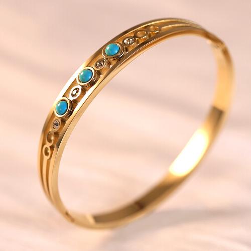 Partículas de aço pulseira comum, with Sapphire, cromado de cor dourada, micro pavimento em zircônia cúbica & para mulher, Diametro interno:Aprox 60mm, vendido por PC