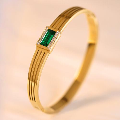 Acier titane bracelet ordinaire, Motif géométrique, Placage de couleur d'or, pavé de micro zircon & pour femme, Diamètre intérieur:Environ 60mm, Vendu par PC