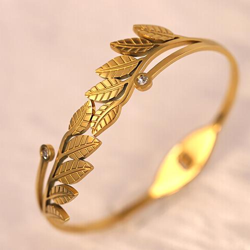 Cruach Tíotáiniam Bangle, Leaf, dath an óir plated, do bhean & le rhinestone, Trastomhas Istigh:Thart 60mm, Díolta De réir PC