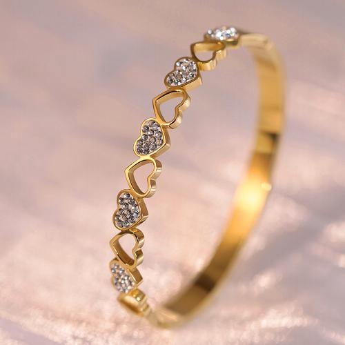 Cruach Tíotáiniam Bangle, Croí, dath an óir plated, do bhean & le rhinestone & log, Trastomhas Istigh:Thart 60mm, Díolta De réir PC