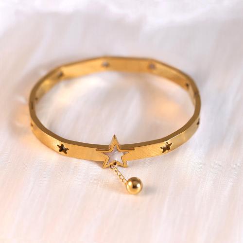 Partículas de aço pulseira comum, with concha branca, Estrela, cromado de cor dourada, para mulher & vazio, Diametro interno:Aprox 60mm, vendido por PC