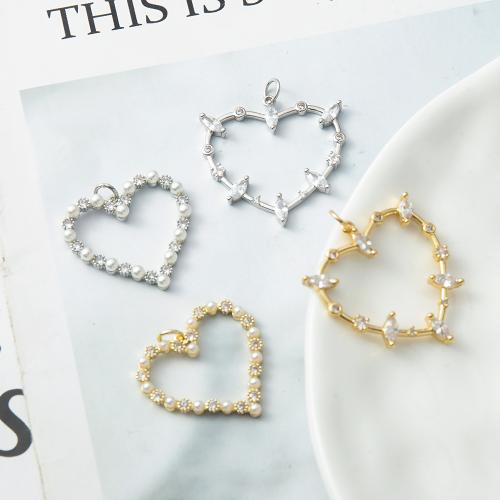 Brass Heart Pendants with Plastic Pearl plated DIY & micro pave cubic zirconia nickel lead & cadmium free Sold By PC
