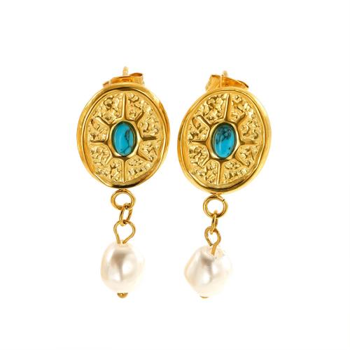 Roestvrij staal hangoorbellen, 304 roestvrij staal, met turkoois & Plastic Pearl, 18K verguld, mode sieraden & verschillende stijlen voor de keuze & voor vrouw, Verkocht door pair