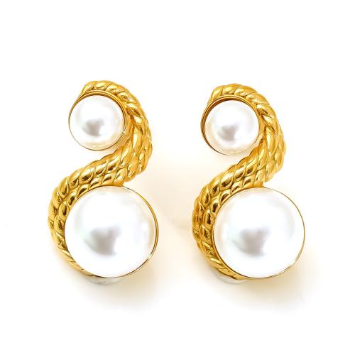 Stainless Steel Stud fülbevaló, 304 rozsdamentes acél, -val Műanyag Pearl, 18K aranyozott, divat ékszerek & a nő, Által értékesített pár