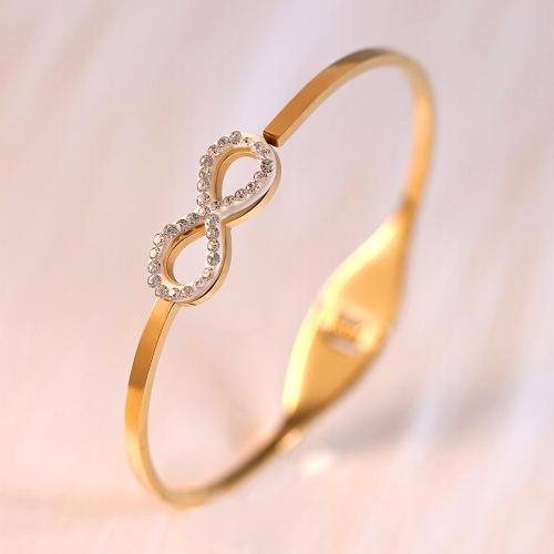 Cruach Tíotáiniam Bangle, Infinity, dath an óir plated, micrea réiteach zirconia ciúbach & do bhean, Trastomhas Istigh:Thart 60mm, Díolta De réir PC