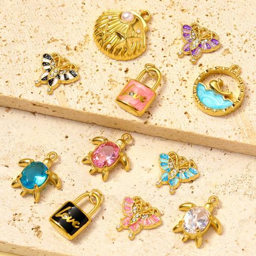 Stainless Steel Pendants 304 Stainless Steel with Plastic Pearl gold color plated DIY & micro pave cubic zirconia & enamel & with rhinestone Sold By Bag