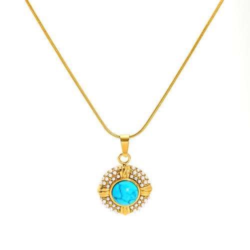 Stainless Steel Jewelry Necklace 304 Stainless Steel with turquoise & Plastic Pearl 18K gold plated fashion jewelry & for woman Sold By PC