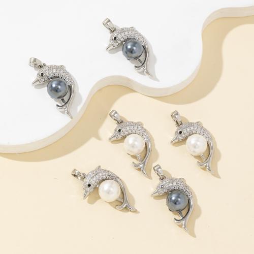 Rhinestone Brass Hängen, Mässing, med Shell Pearl, Dolphin, plated, DIY & med strass, fler färger för val, nickel, bly och kadmium gratis, Säljs av PC