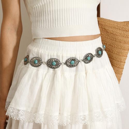 alliage de zinc chaîne de taille, avec turquoise & fer, Placage, Vintage & pour femme, argent, Longueur Environ 110 cm, Vendu par PC