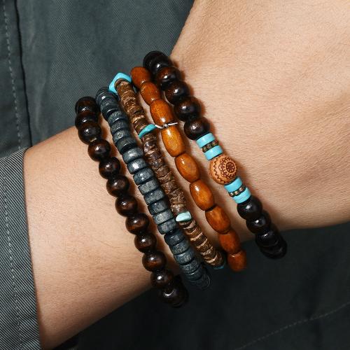 bois Set de bracelet, avec turquoise & noix de coco, fait à la main, 5 pièces & Vintage & unisexe, Diamètre intérieur:Environ 58mm, Vendu par fixé