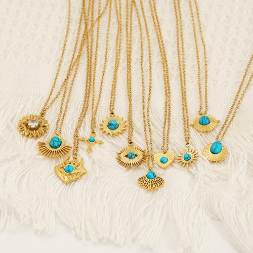 Collier de bijoux en acier inoxydable, Acier inoxydable 304, avec turquoise, Plaqué or 18K, bijoux de mode & styles différents pour le choix & pour femme, Vendu par PC
