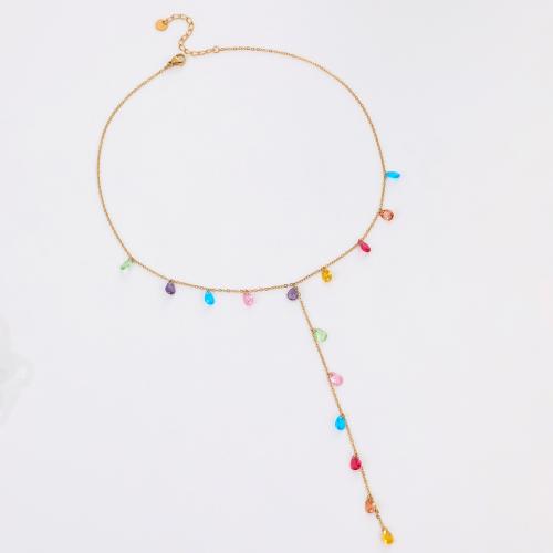 Fashion frynser halskæde, 304 rustfrit stål, med Cubic Zirconia, forgyldt, mode smykker & for kvinde, flere farver til valg, Solgt af PC