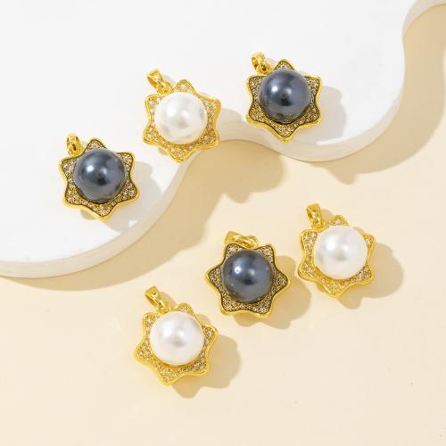 Rhinestone Brass Hängen, Mässing, med Shell Pearl, Blomma, DIY & med strass, fler färger för val, nickel, bly och kadmium gratis, Säljs av PC