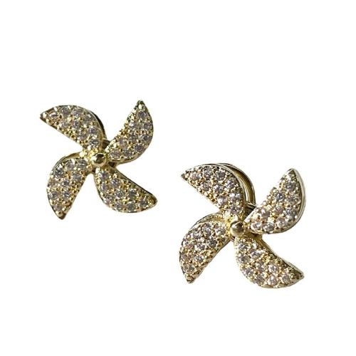Messing Stud Earring, Pinwheel, forgyldt, mode smykker & Micro Pave cubic zirconia, flere farver til valg, 25x25x25mm, Solgt af PC