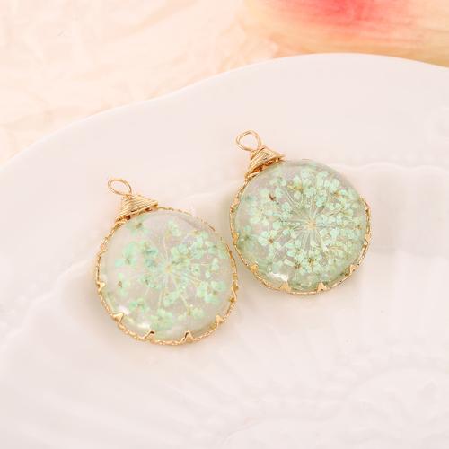 Zinc Alloy Pendant with Epoxy Sticker & Dried Flower Round plated DIY Random Color Sold By PC