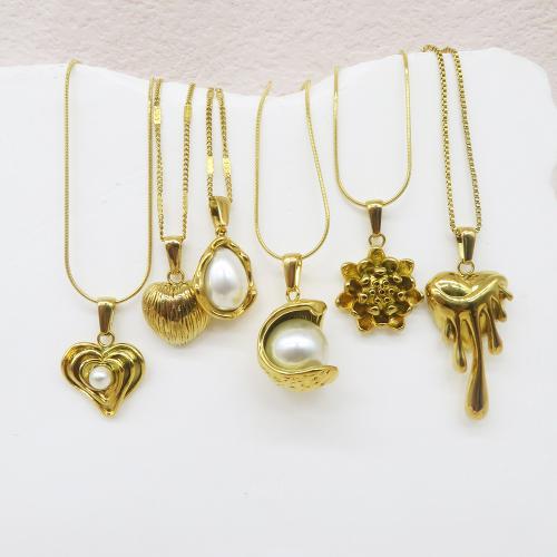 Stainless Steel Jewelry Necklace 304 Stainless Steel with Plastic Pearl 18K gold plated fashion jewelry & for woman Length Approx 41-50 cm Sold By PC
