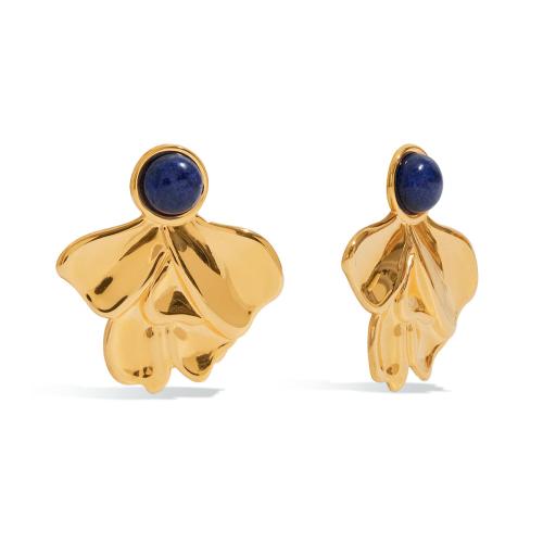 Stainless Steel Stud Earrings 304 Stainless Steel with Lapis Lazuli plated fashion jewelry & for woman golden Sold By Pair
